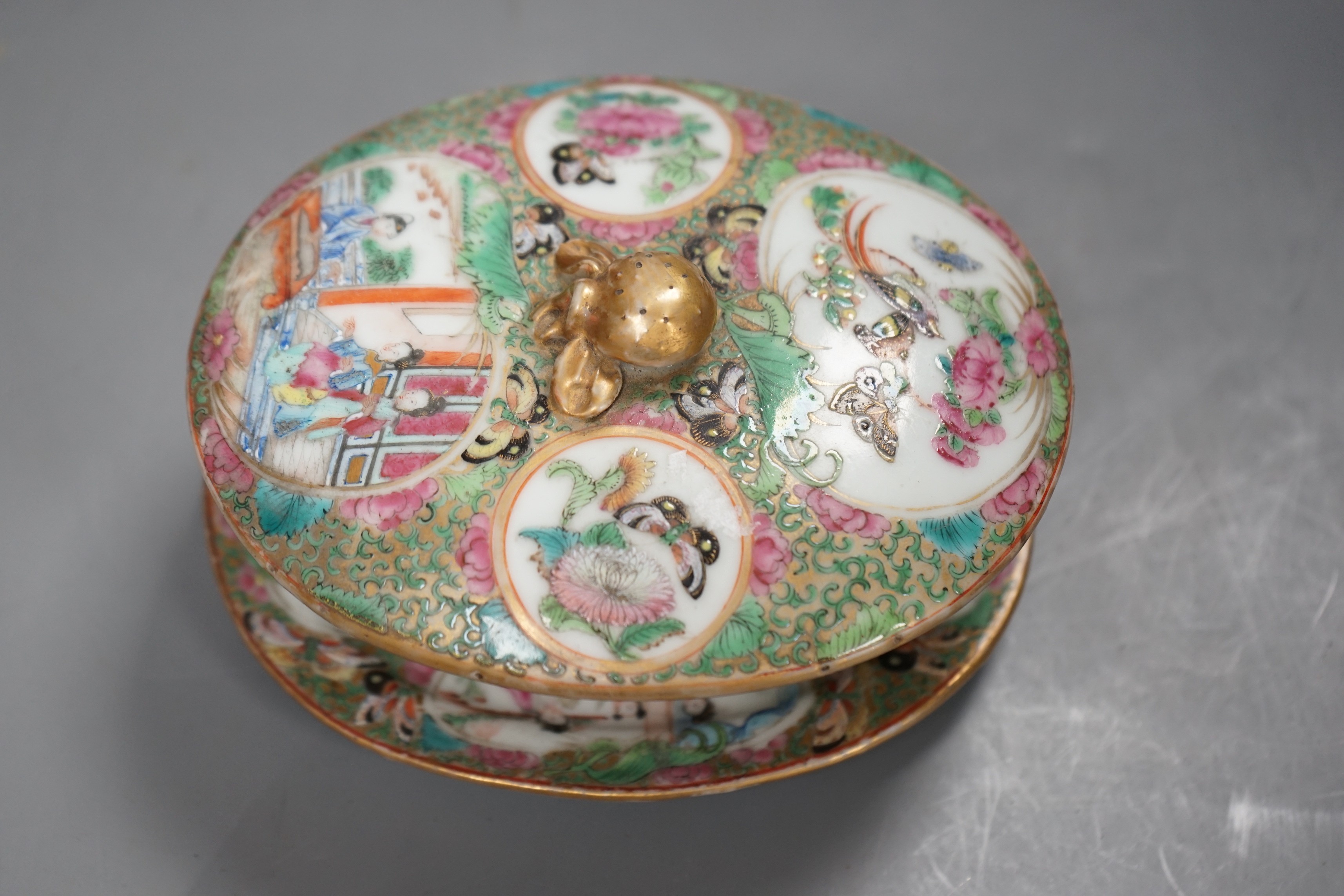 A mid 19th century Chinese famille rose butter dish, cover and stand, dish and cover 9cms high